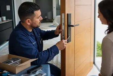 Técnico instalando fechadura em residência em Sinop.