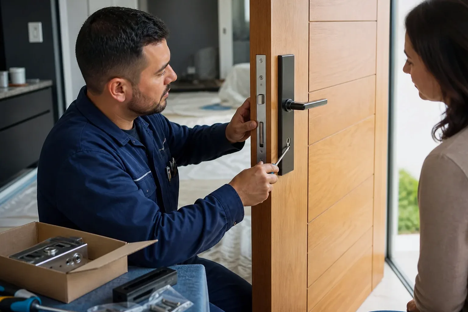 Técnico instalando fechadura em residência em Sinop.